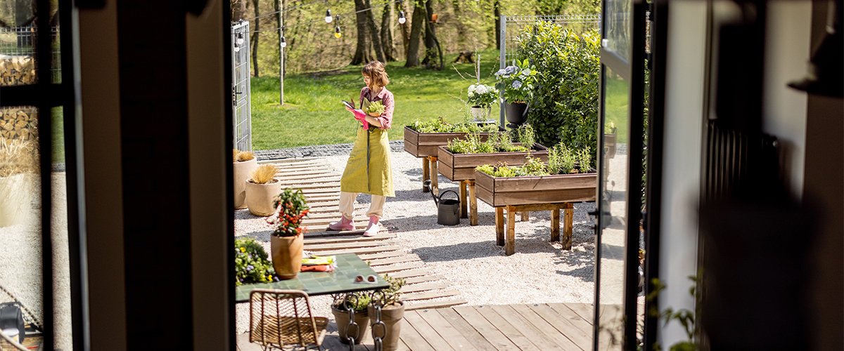Young woman growing outdoor vegetable garden.