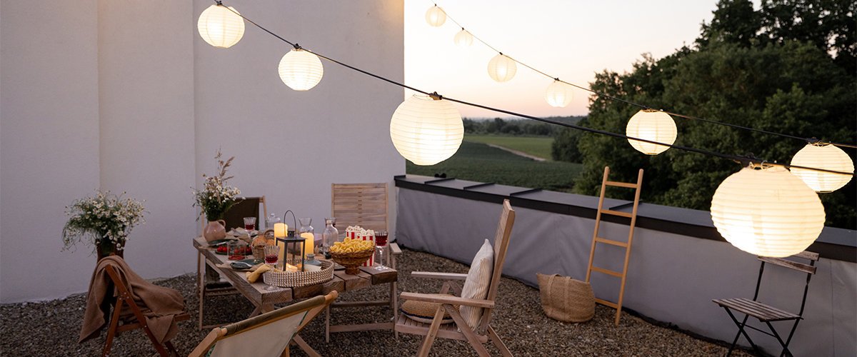 String lights over deck.