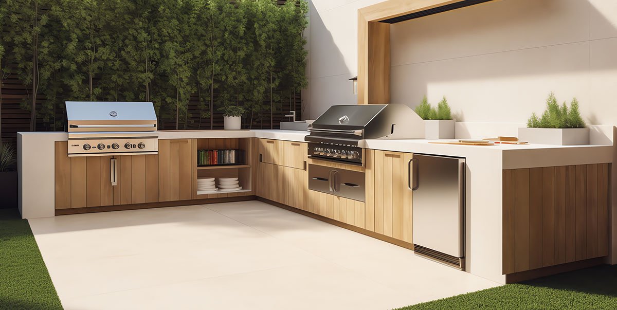 Outdoor kitchen with bbq area and small fridge 